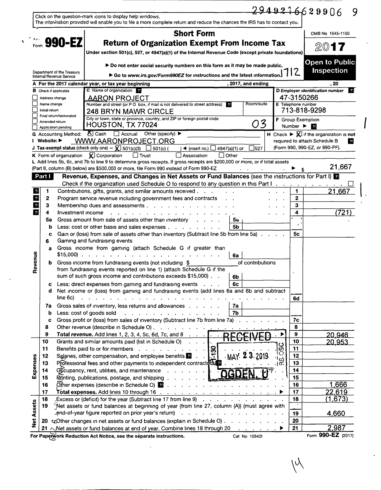 Image of first page of 2017 Form 990EZ for Aaron Project