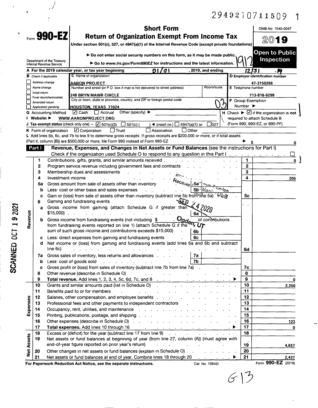 Image of first page of 2019 Form 990EZ for Aaron Project