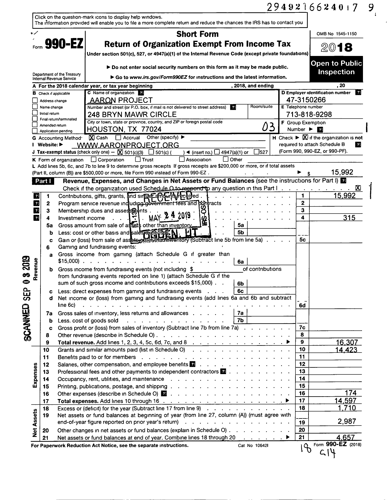 Image of first page of 2018 Form 990EZ for Aaron Project