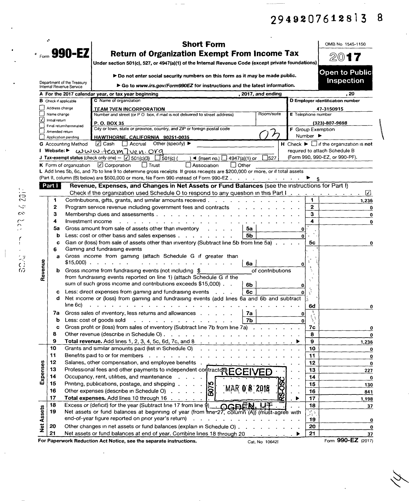 Image of first page of 2017 Form 990EZ for Team 7ven