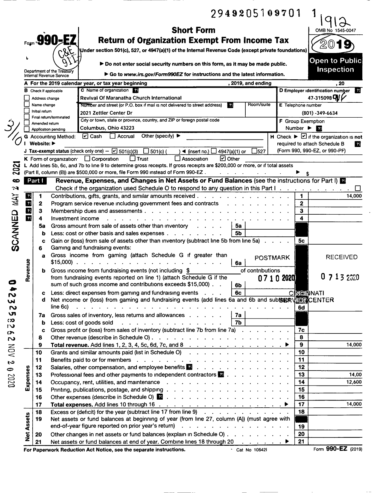 Image of first page of 2019 Form 990EZ for Revival of Maranatha Church International