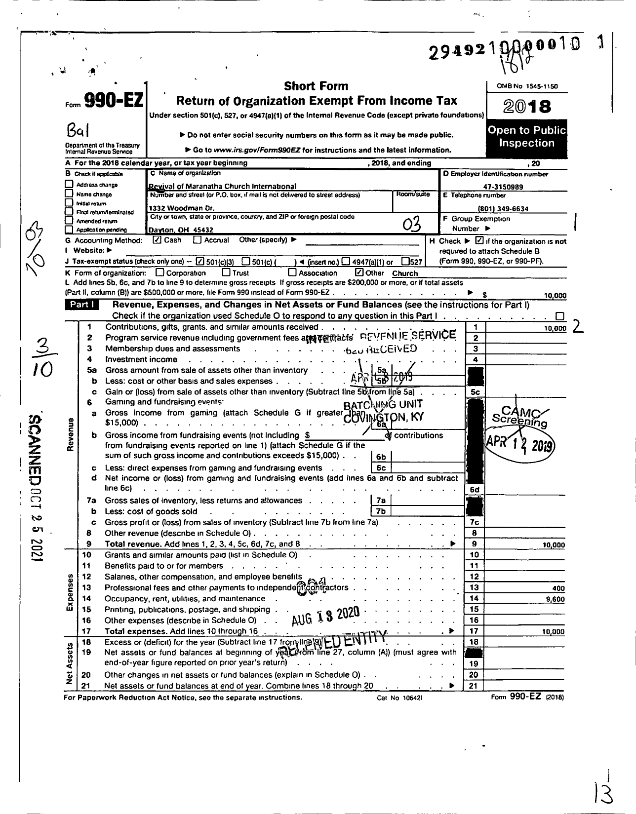 Image of first page of 2018 Form 990EZ for Revival of Maranatha Church International