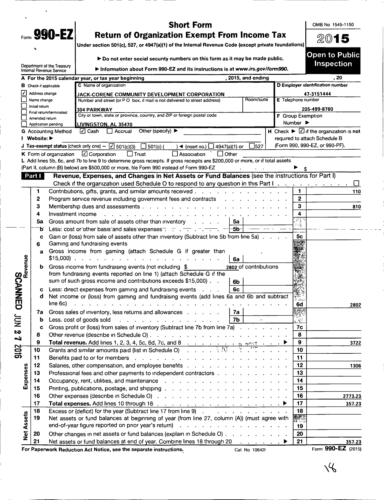 Image of first page of 2015 Form 990EZ for Jack-Corene Community