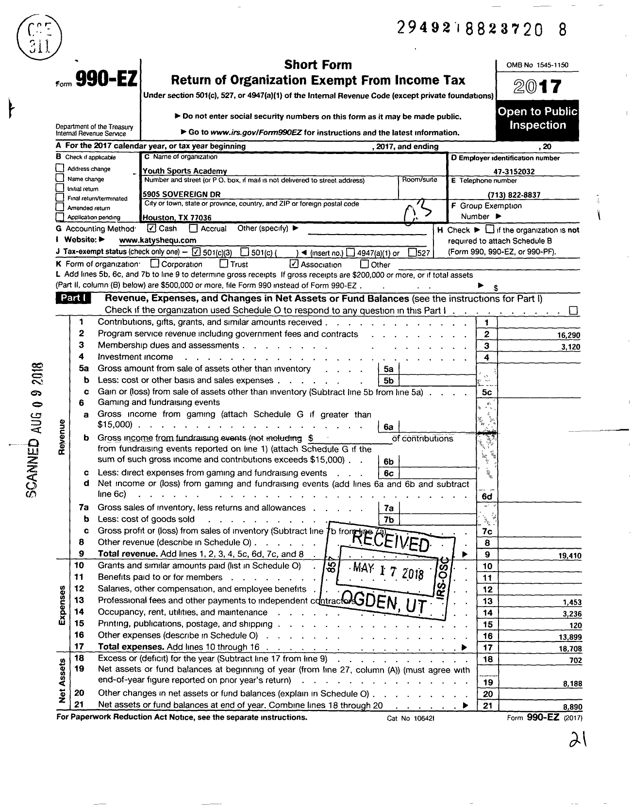 Image of first page of 2017 Form 990EZ for Youth Sports Academy