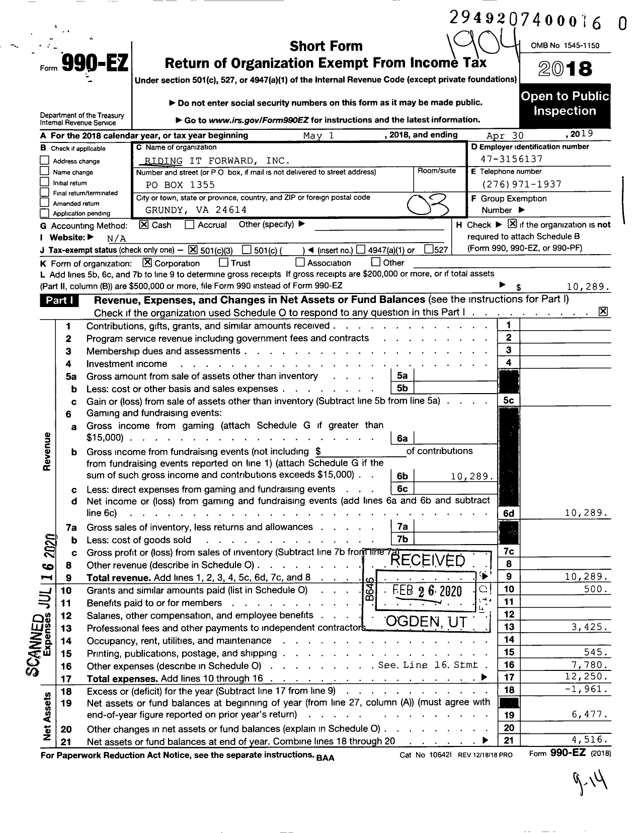 Image of first page of 2018 Form 990EZ for Riding It Forward