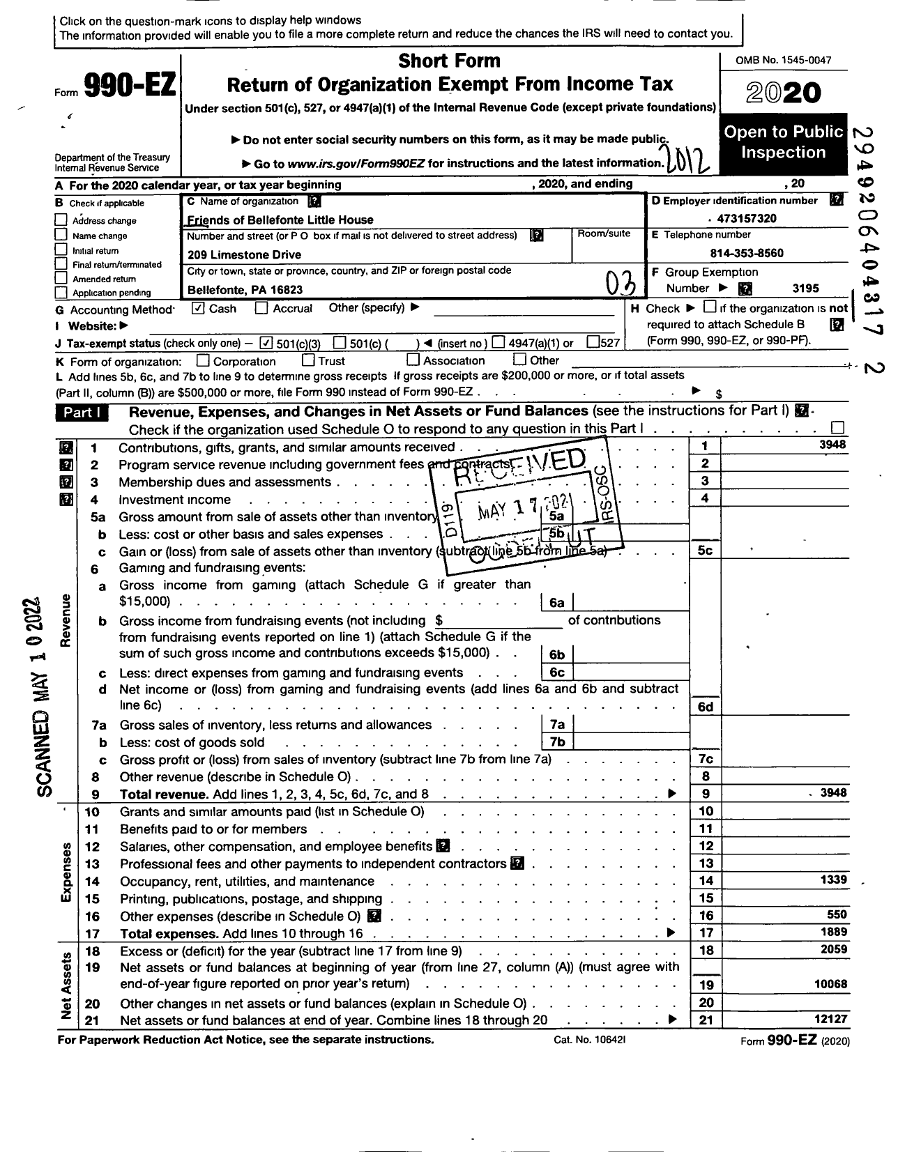 Image of first page of 2020 Form 990EZ for Friends of Bellefonte Little House