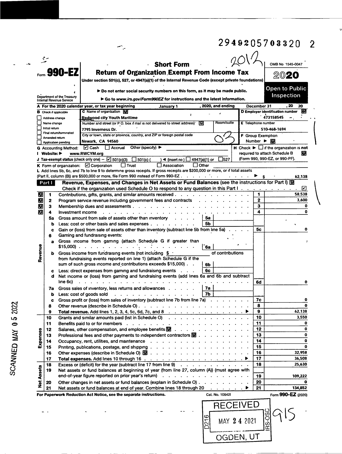 Image of first page of 2020 Form 990EZ for Redwood City Youth Maritime