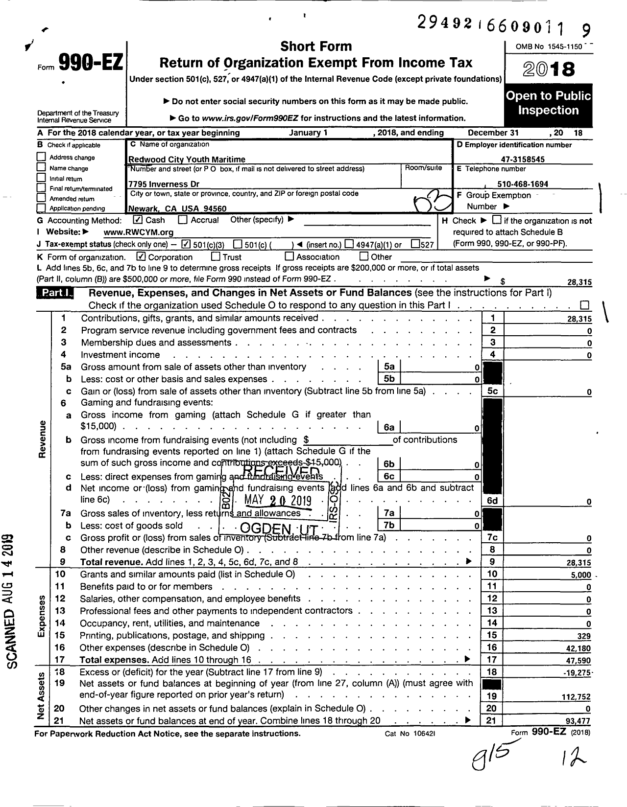 Image of first page of 2018 Form 990EZ for Redwood City Youth Maritime