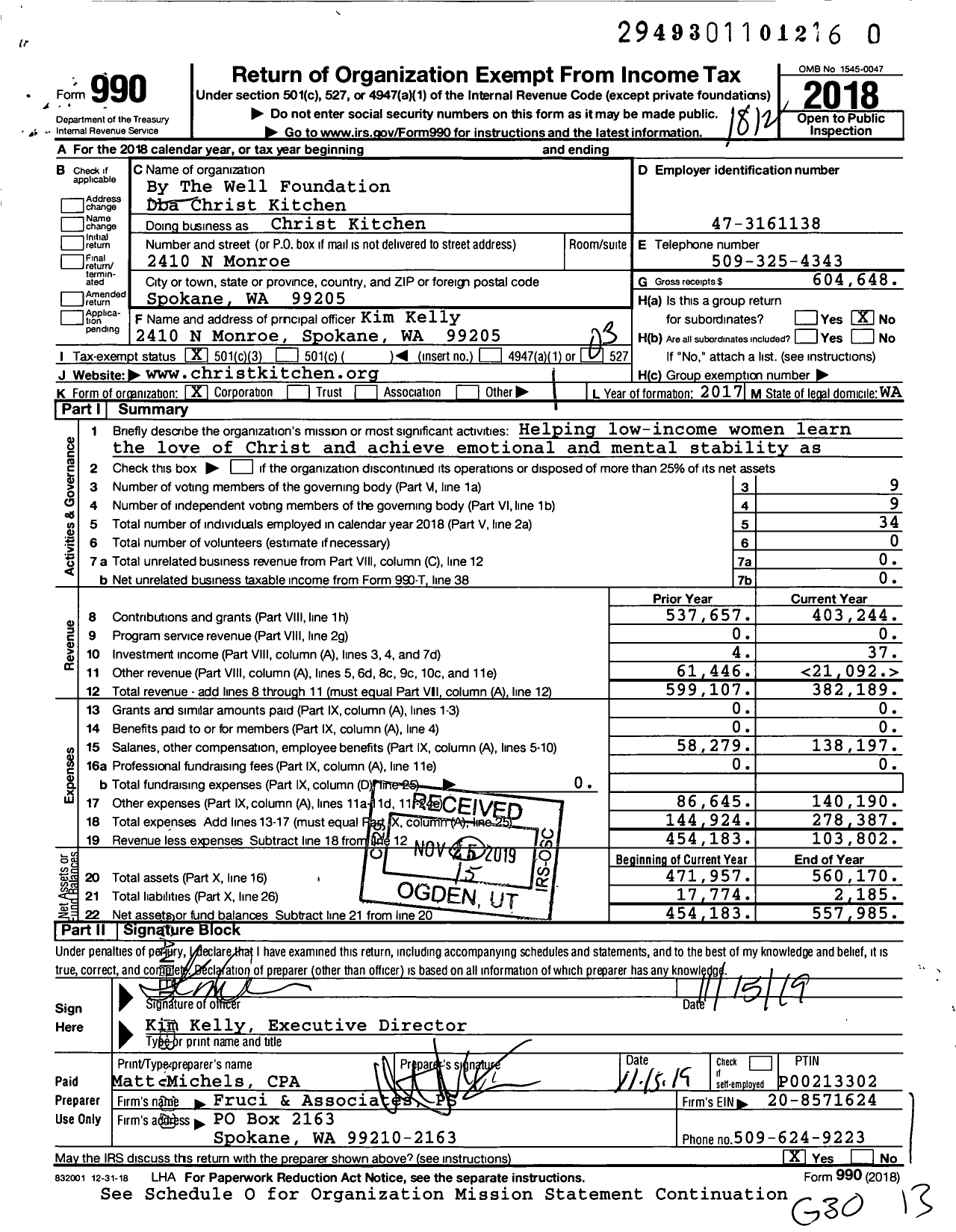 Image of first page of 2018 Form 990 for By the Well Foundation