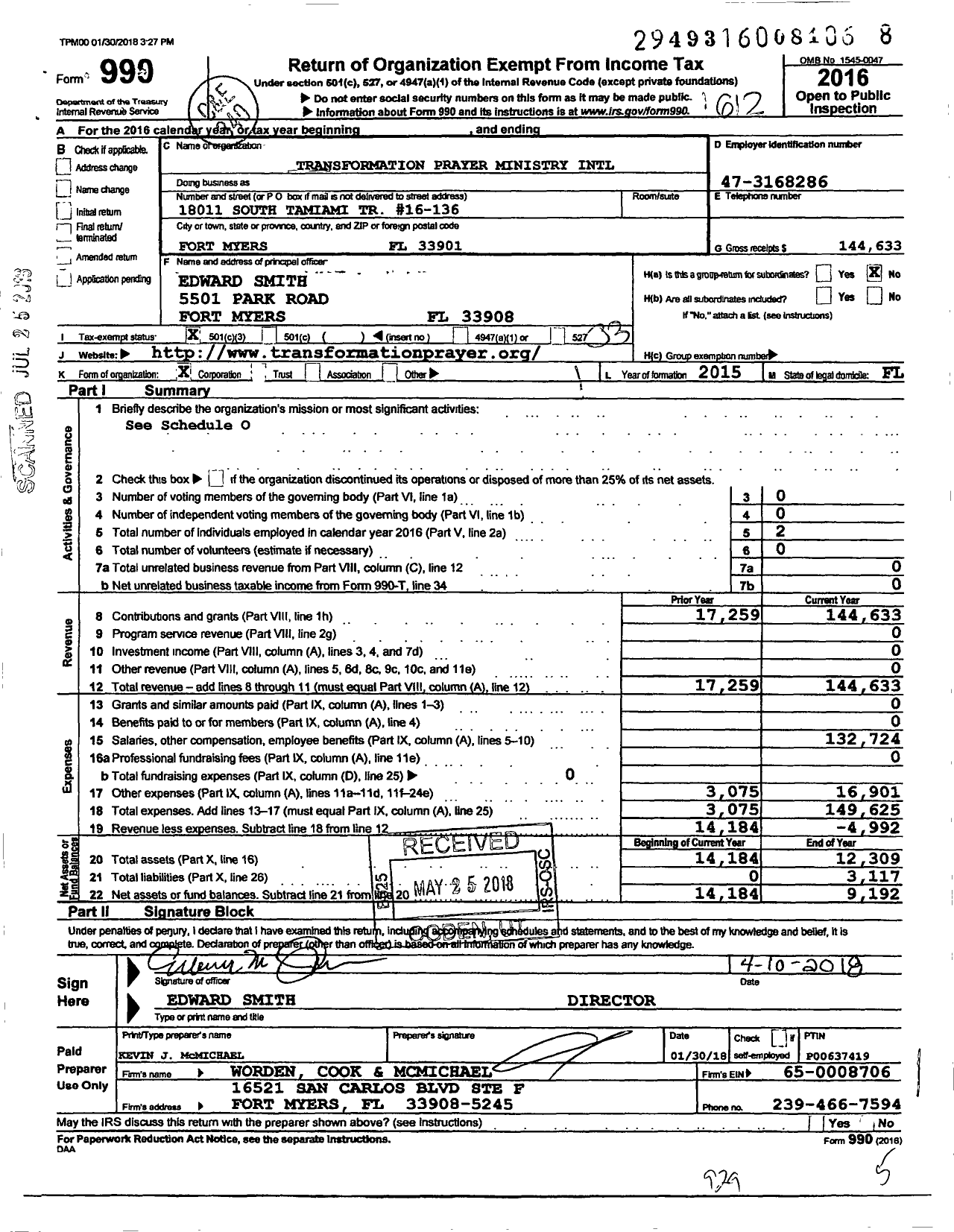 Image of first page of 2016 Form 990 for Transformation Prayer Ministry