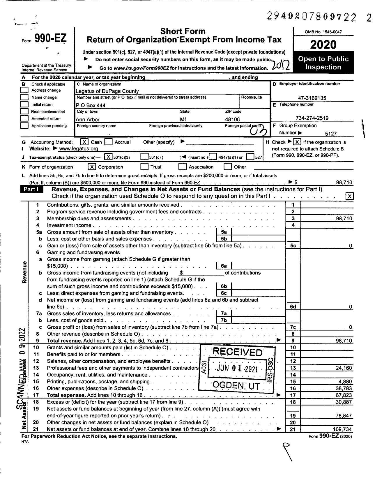 Image of first page of 2020 Form 990EZ for Legatus of DuPage County