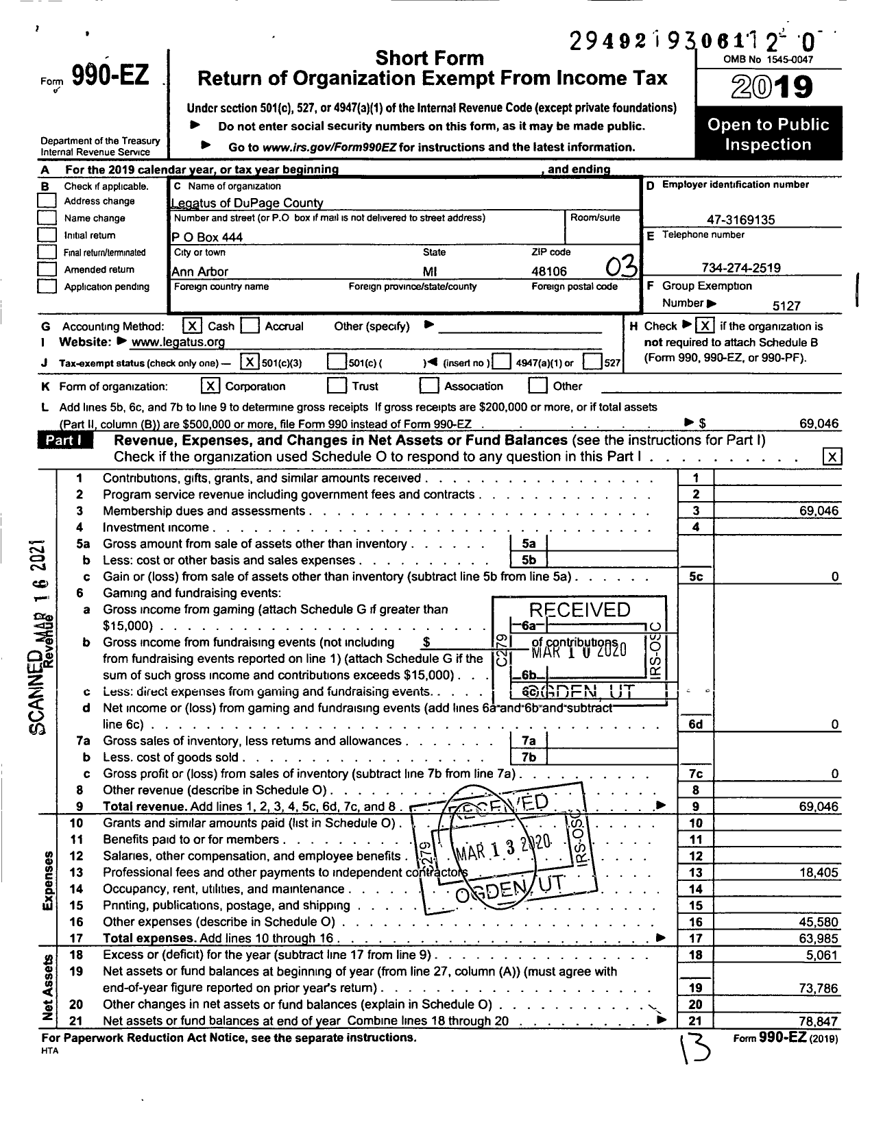 Image of first page of 2019 Form 990EZ for Legatus of DuPage County