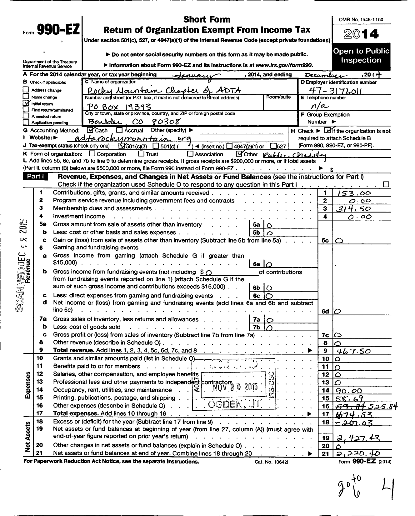 Image of first page of 2014 Form 990EZ for Rocky Mountain Chapter of Data