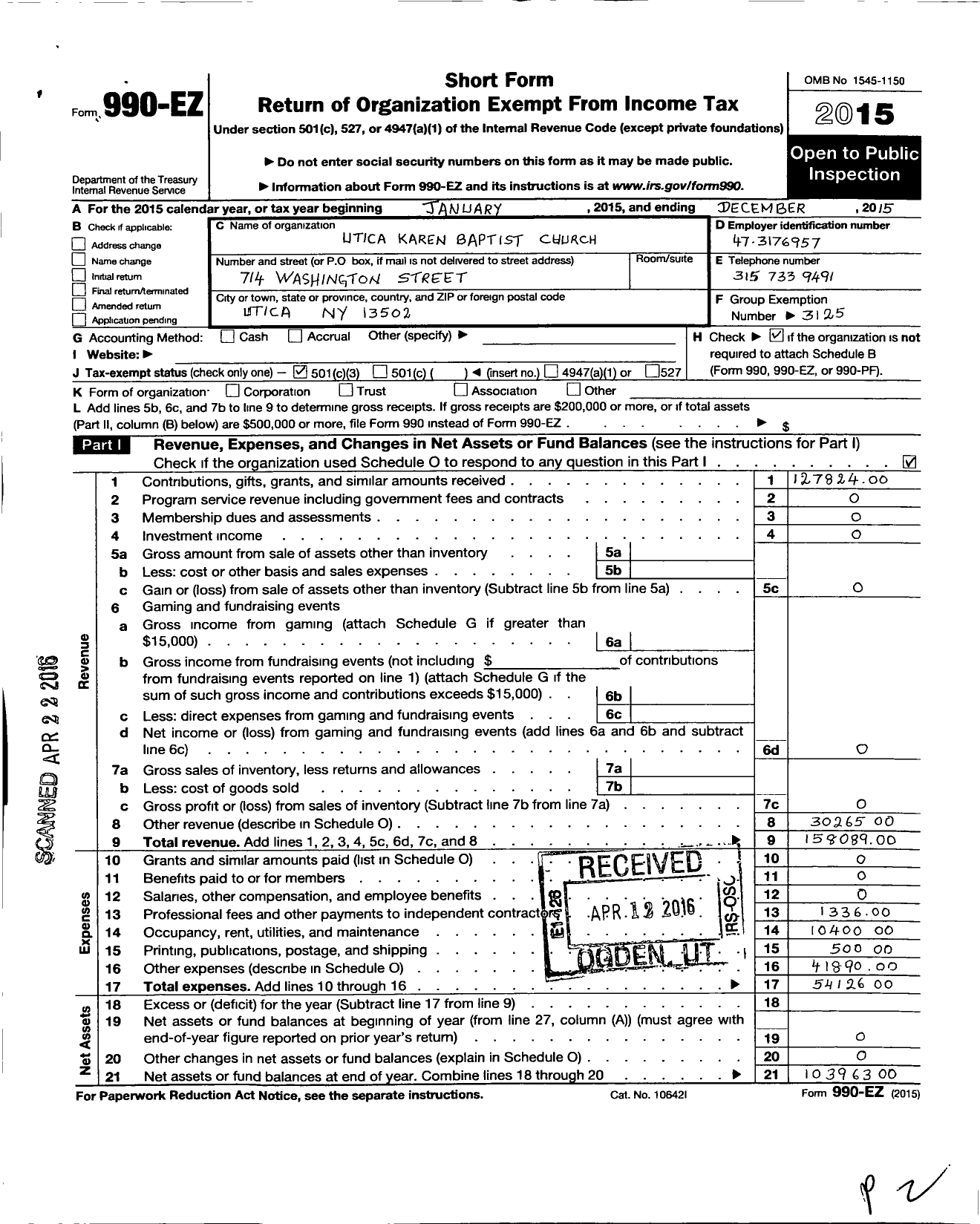 Image of first page of 2015 Form 990EZ for Utica Karen Baptist Church