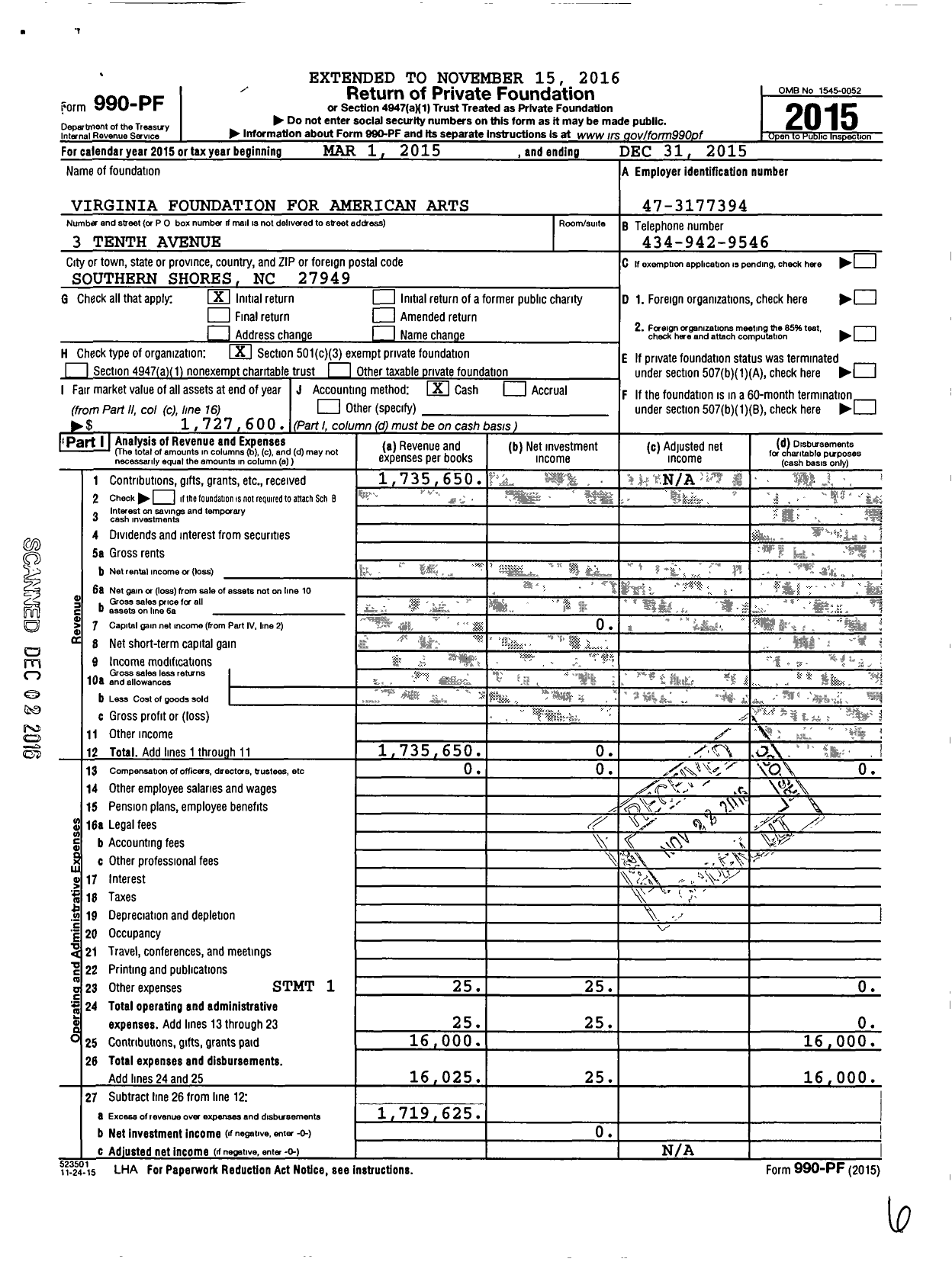 Image of first page of 2015 Form 990PF for Virginia Foundation for American Arts