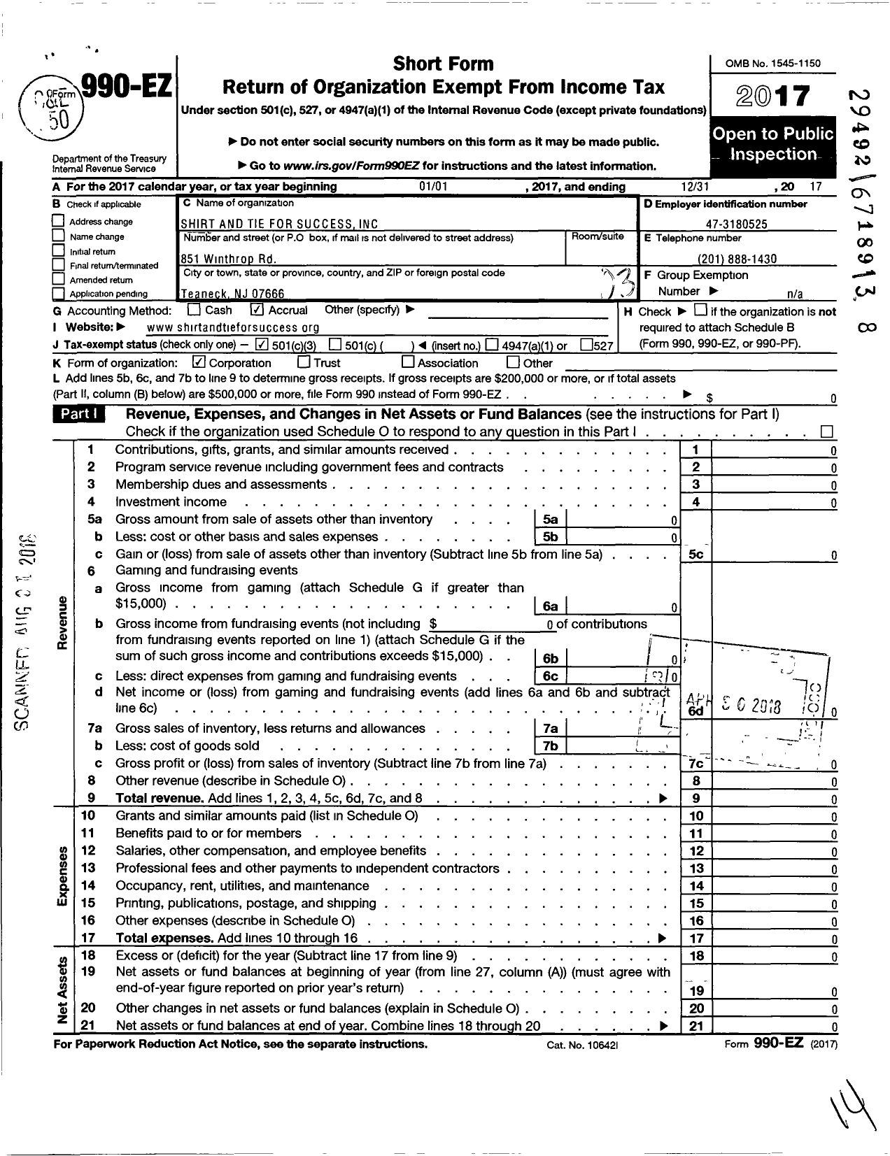 Image of first page of 2017 Form 990EZ for Shirt and Tie for Success