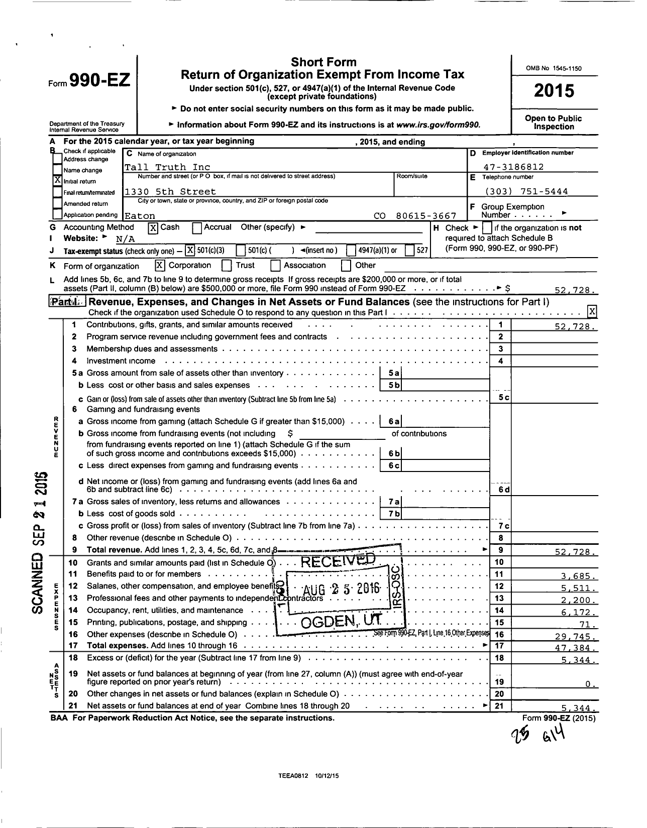 Image of first page of 2015 Form 990EO for Tall Truth