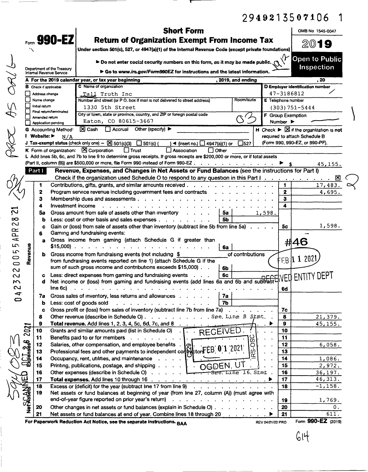 Image of first page of 2019 Form 990EZ for Tall Truth