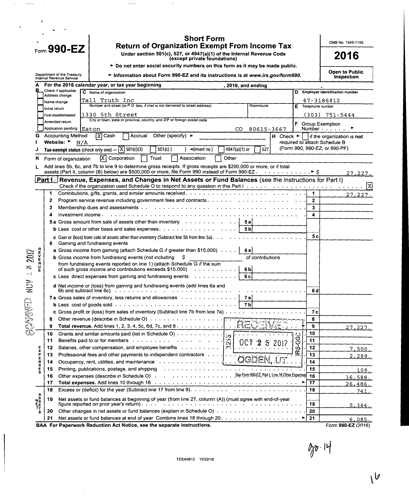 Image of first page of 2016 Form 990EZ for Tall Truth