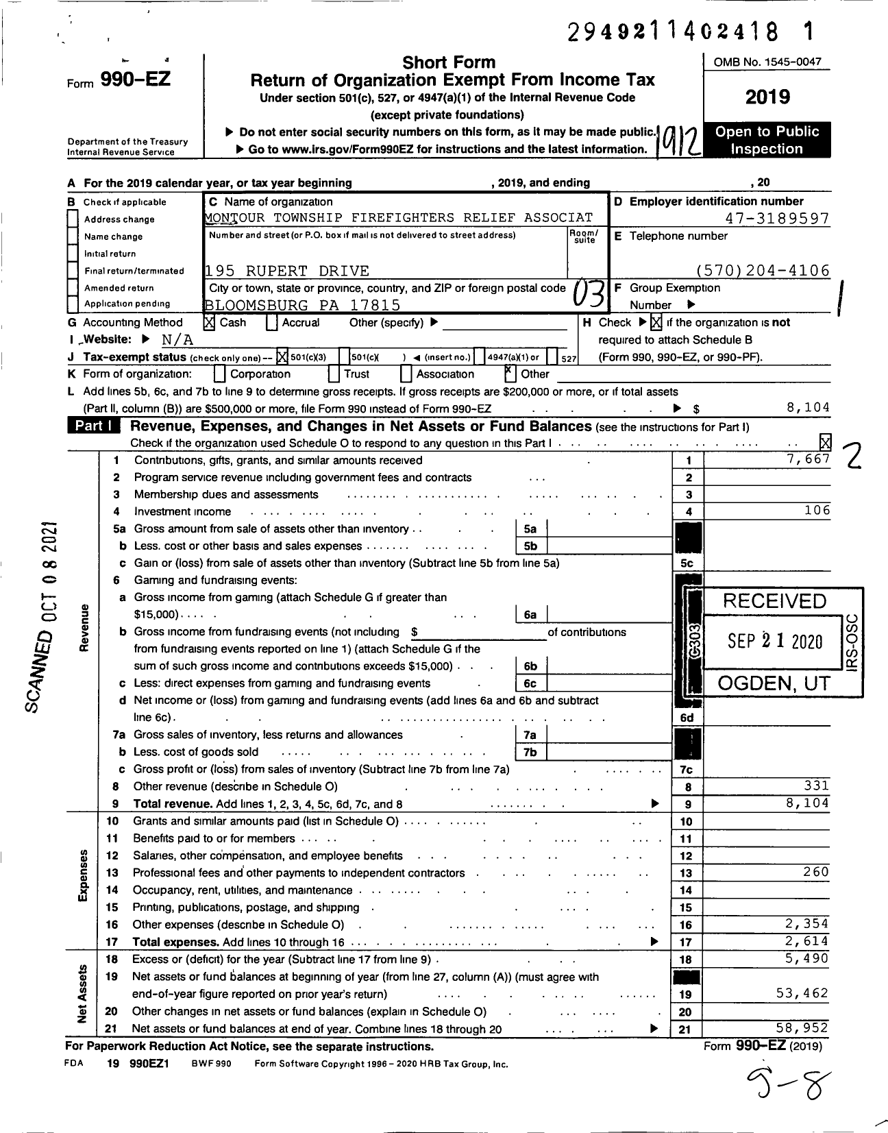 Image of first page of 2019 Form 990EZ for Montour Township Firefighters Relief Association