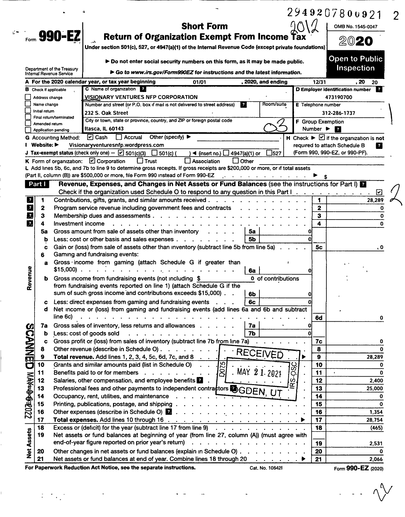 Image of first page of 2020 Form 990EZ for Visionary Ventures NFP Corporation