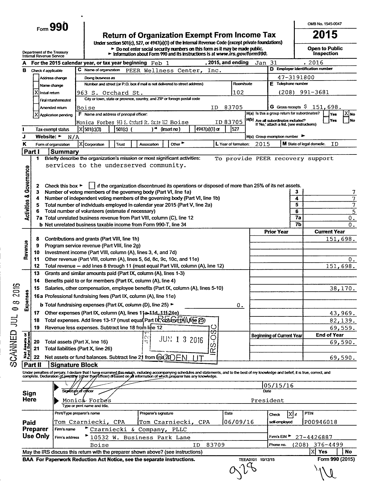 Image of first page of 2015 Form 990 for PEER Wellness Center