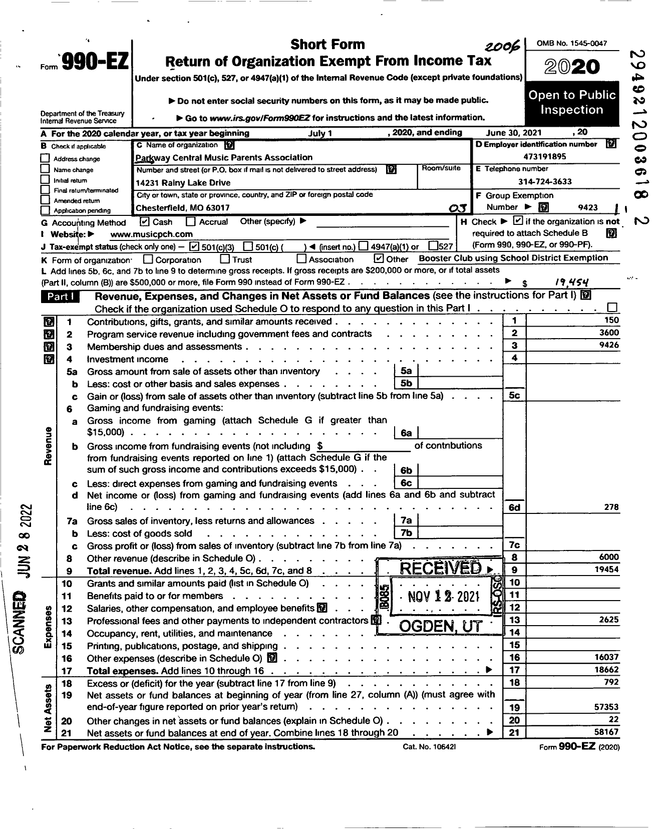 Image of first page of 2020 Form 990EZ for Parkway School District Parents Teachers Organization Council