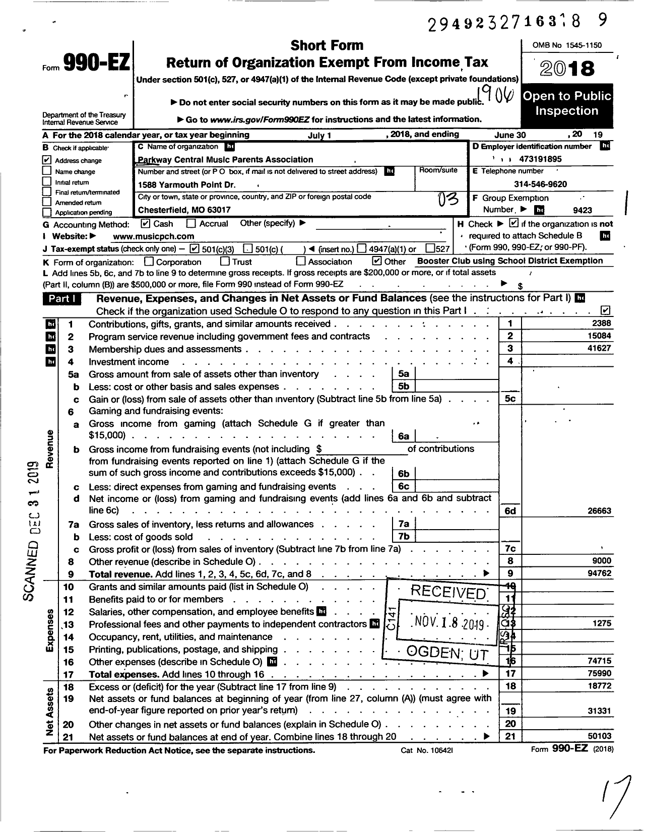 Image of first page of 2018 Form 990EZ for Parkway School District Parents Teachers Organization Council