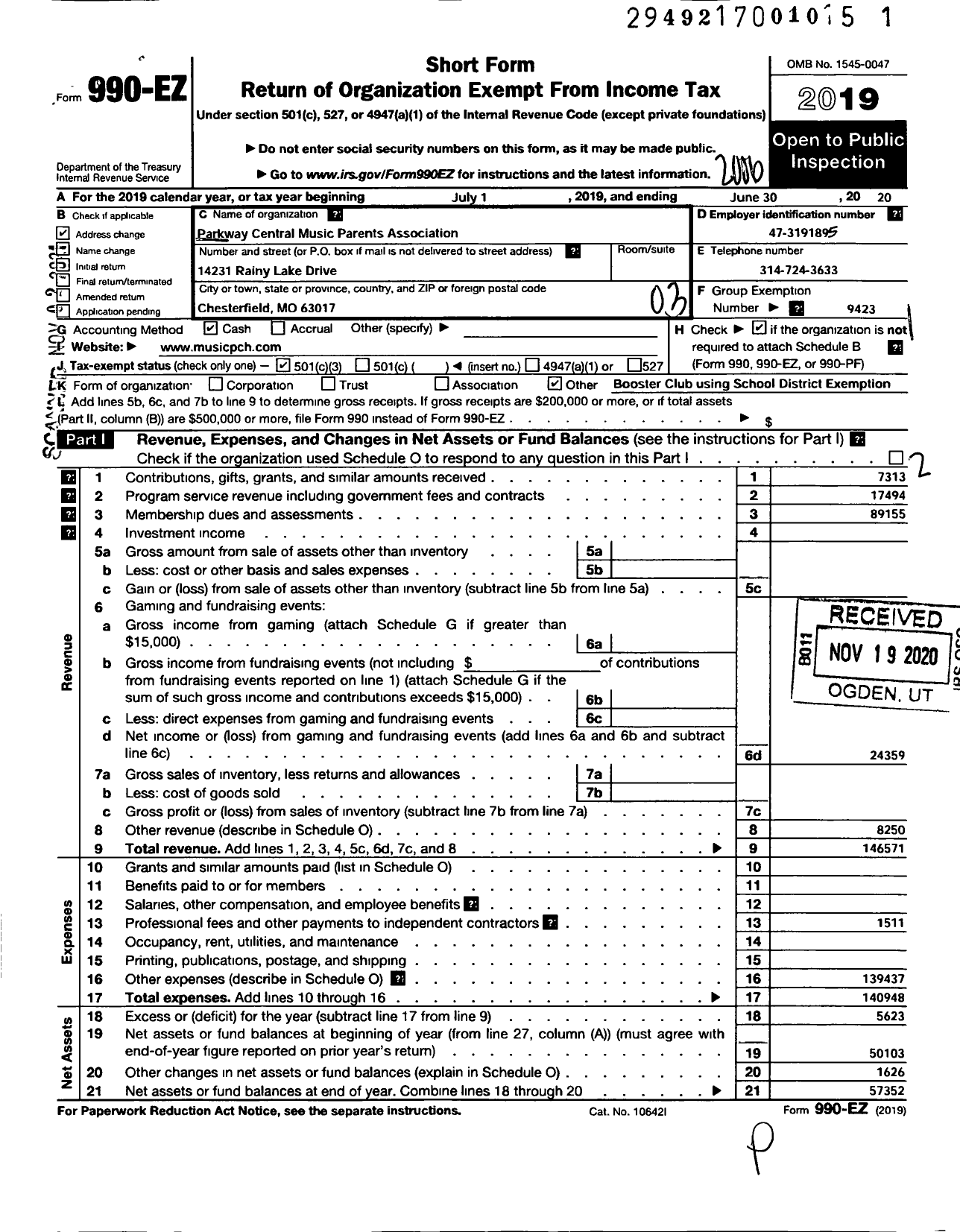 Image of first page of 2019 Form 990EZ for Parkway School District Parents Teachers Organization Council