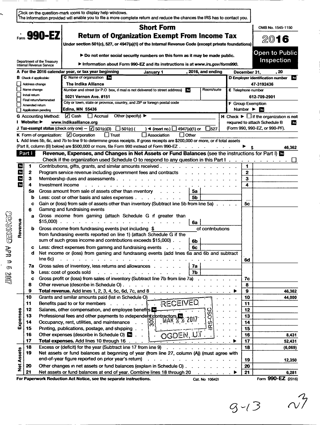 Image of first page of 2016 Form 990EZ for Indika Alliance