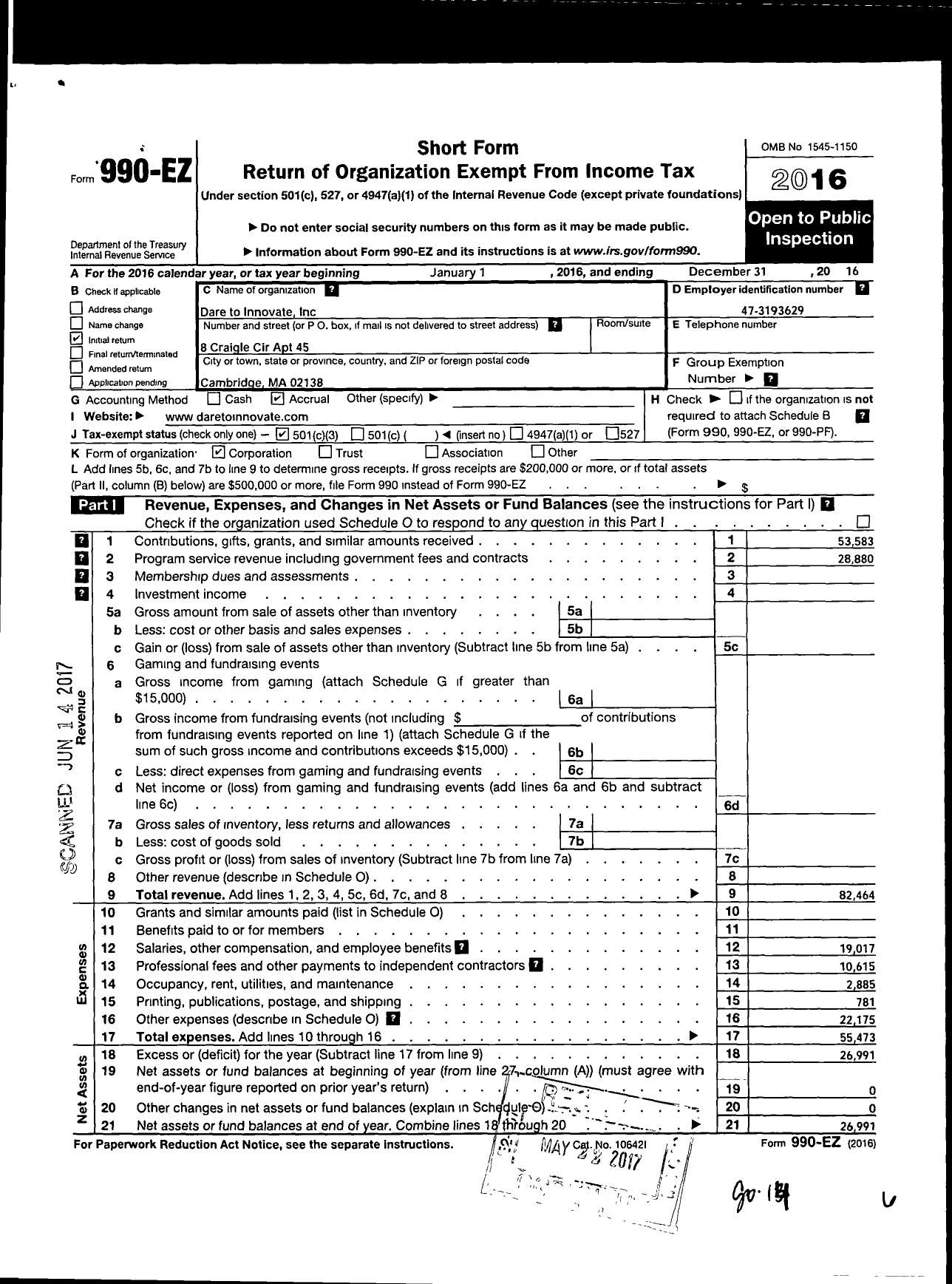 Image of first page of 2016 Form 990EZ for Dare To Innovate