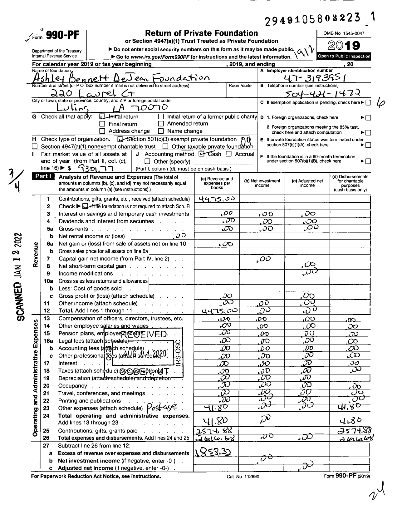 Image of first page of 2019 Form 990PF for Ashley Bennett Dejean Foundation