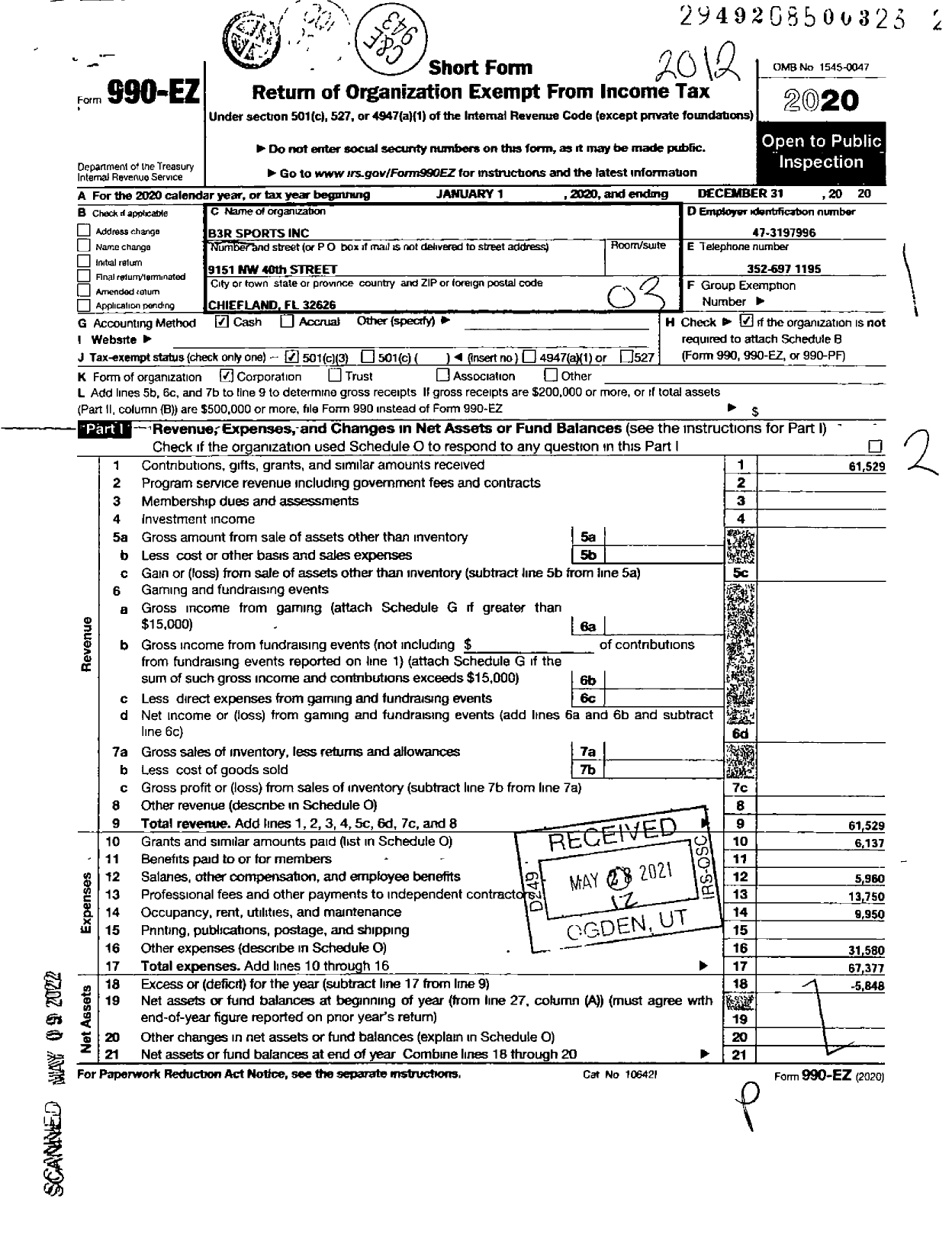 Image of first page of 2020 Form 990EZ for B3R Sports