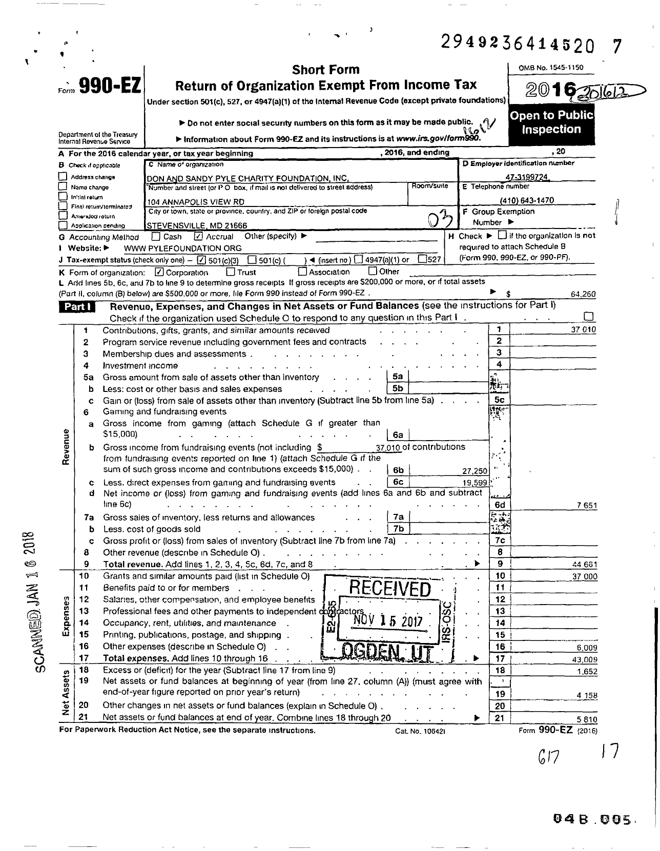 Image of first page of 2016 Form 990EZ for Don and Sandy Pyle Charity Foundation