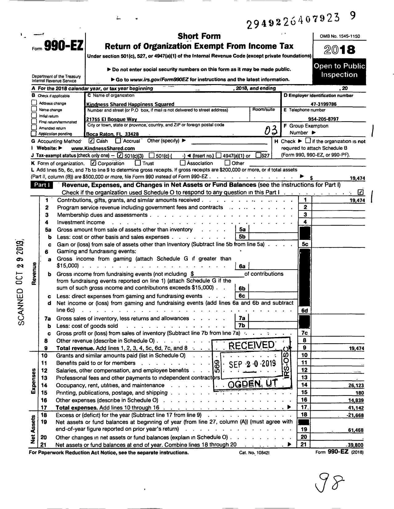 Image of first page of 2018 Form 990EZ for Kindness Shared Happiness Squared