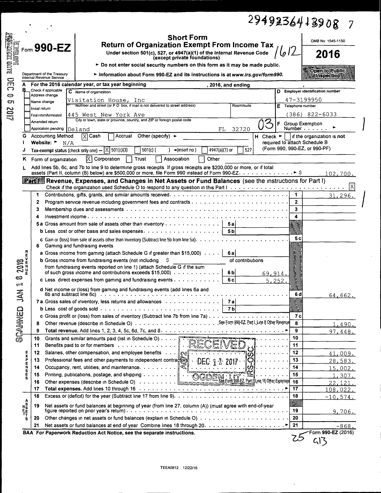 Image of first page of 2016 Form 990EZ for Visitation House