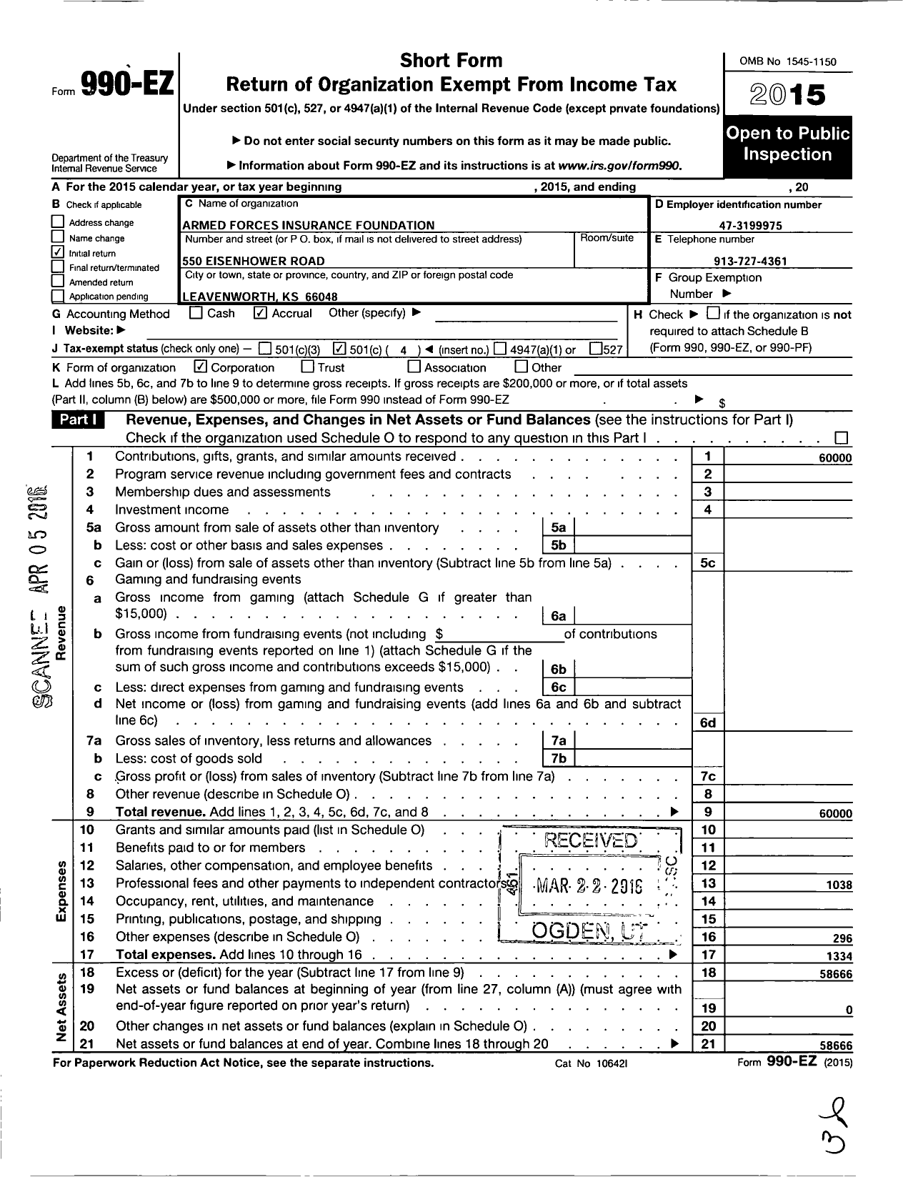 Image of first page of 2015 Form 990EO for Armed Forces Insurance Foundation