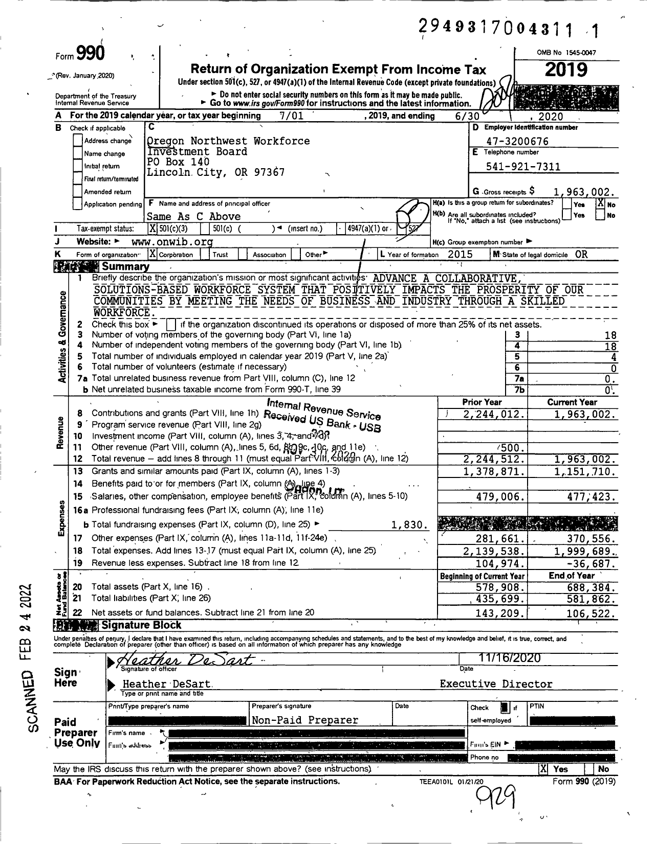 Image of first page of 2019 Form 990 for Oregon Northwest Workforce Investment Board