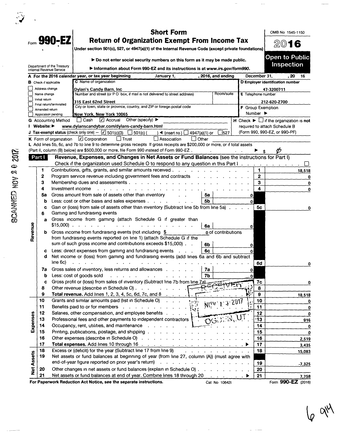 Image of first page of 2016 Form 990EZ for Dylan's Candy Barn