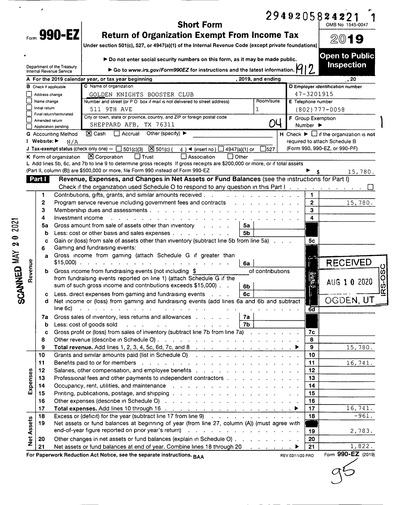 Image of first page of 2019 Form 990EO for Golden Knights Booster Club