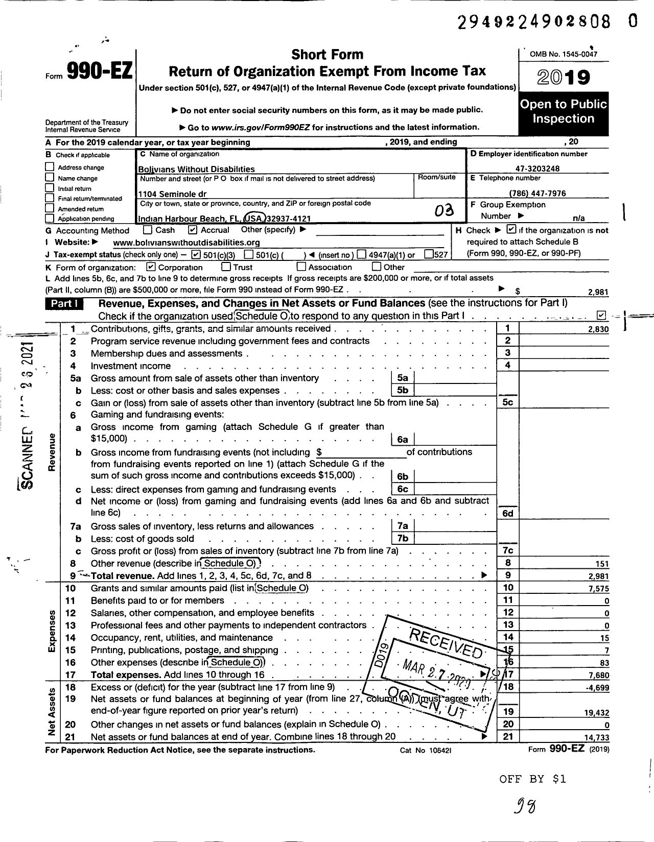 Image of first page of 2019 Form 990EZ for Bolivians Without Disabilities