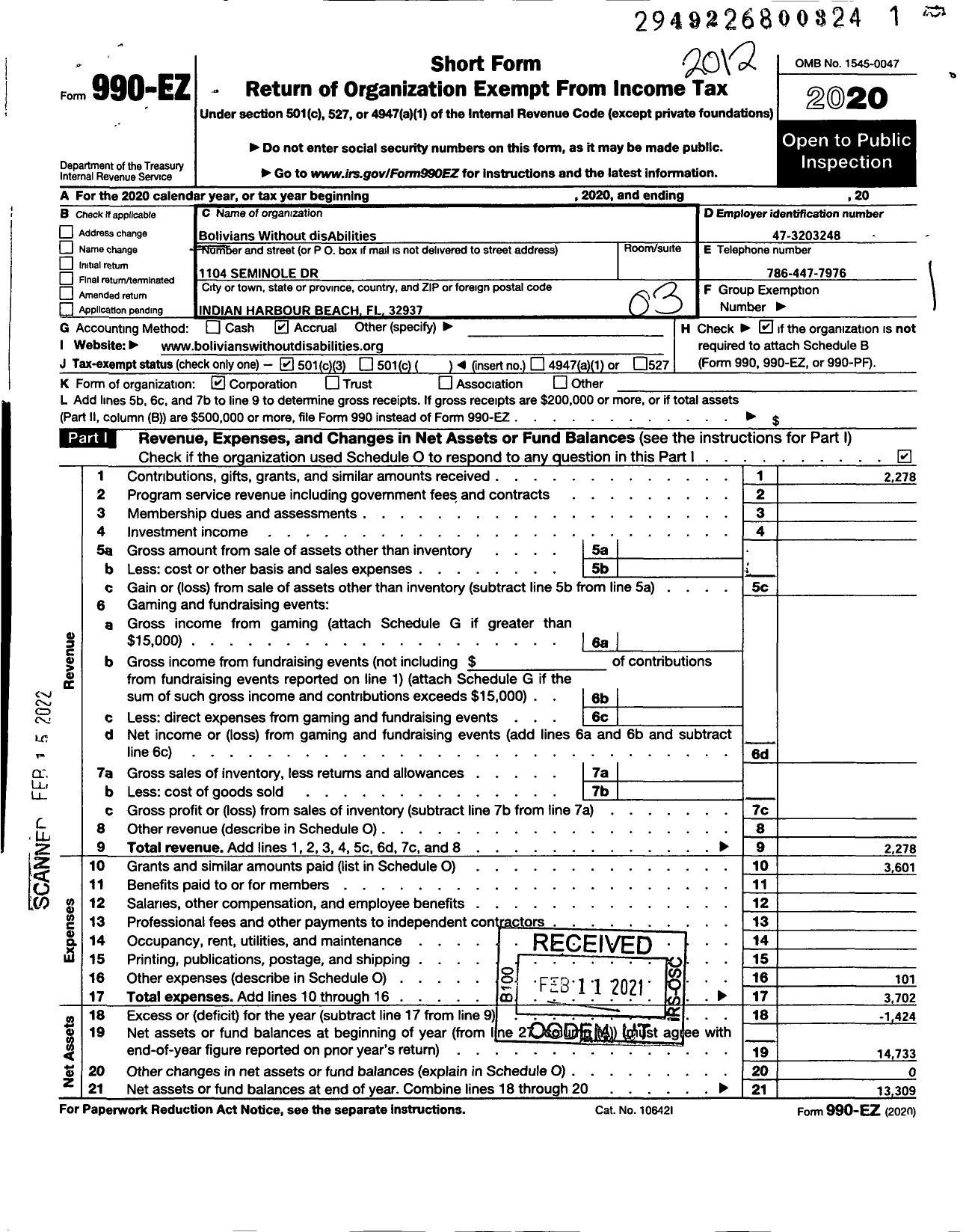 Image of first page of 2020 Form 990EZ for Bolivians Without Disabilities