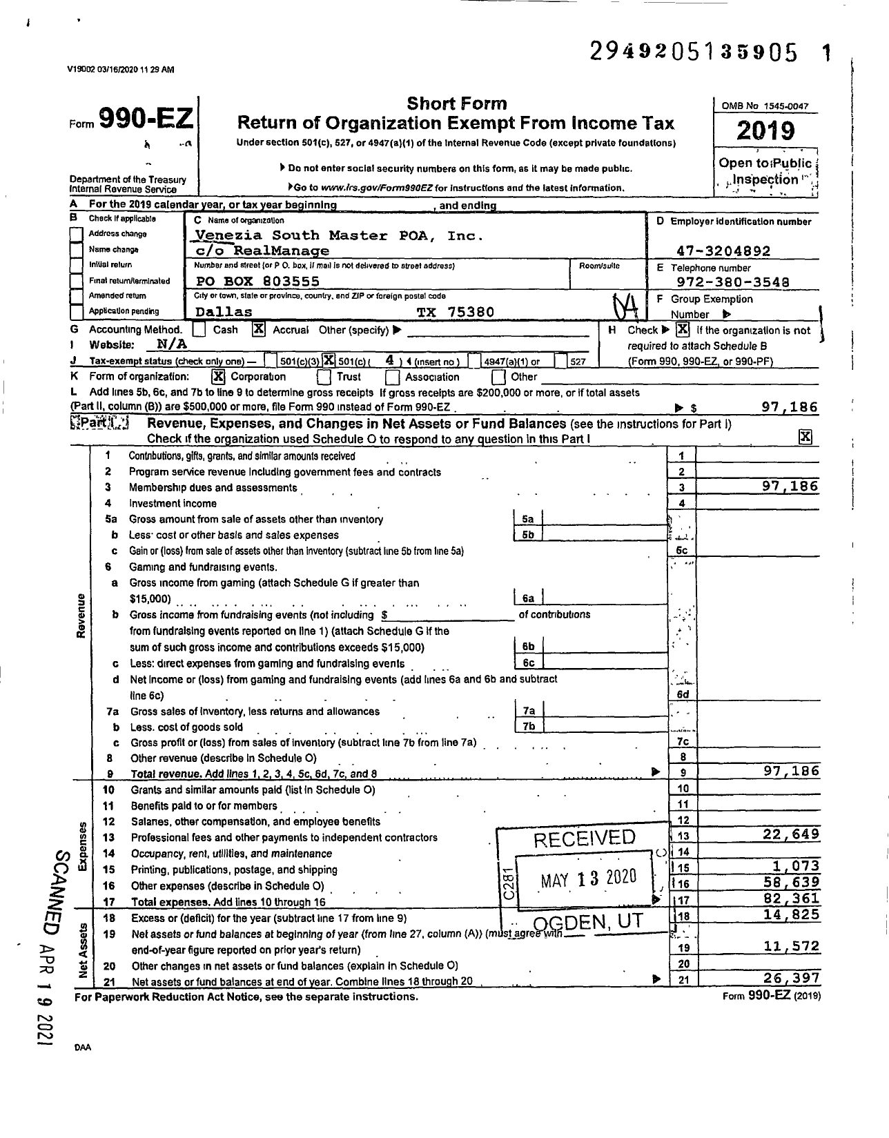 Image of first page of 2019 Form 990EO for Venezia South Master POA