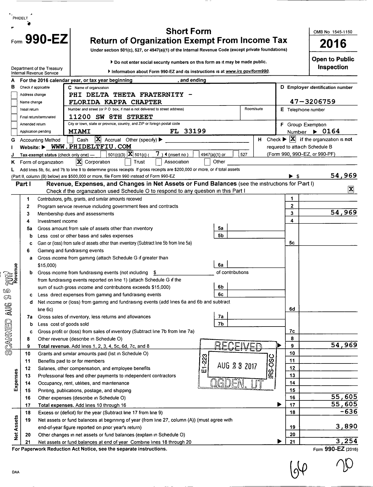 Image of first page of 2016 Form 990EO for Phi Delta Theta Fraternity Florida Kappa Chapter