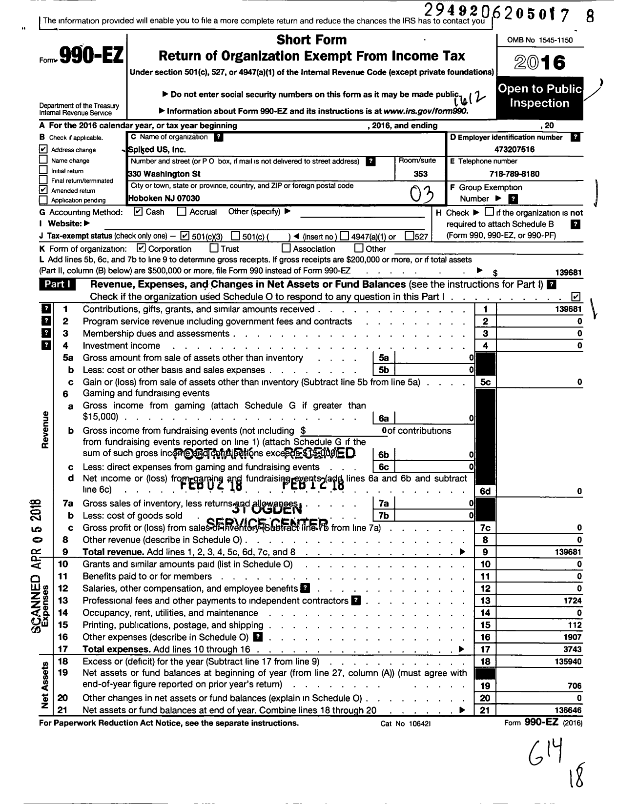 Image of first page of 2016 Form 990EZ for Spiked US