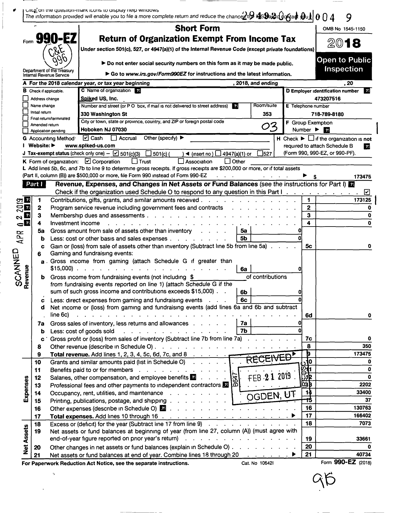 Image of first page of 2018 Form 990EZ for Spiked US