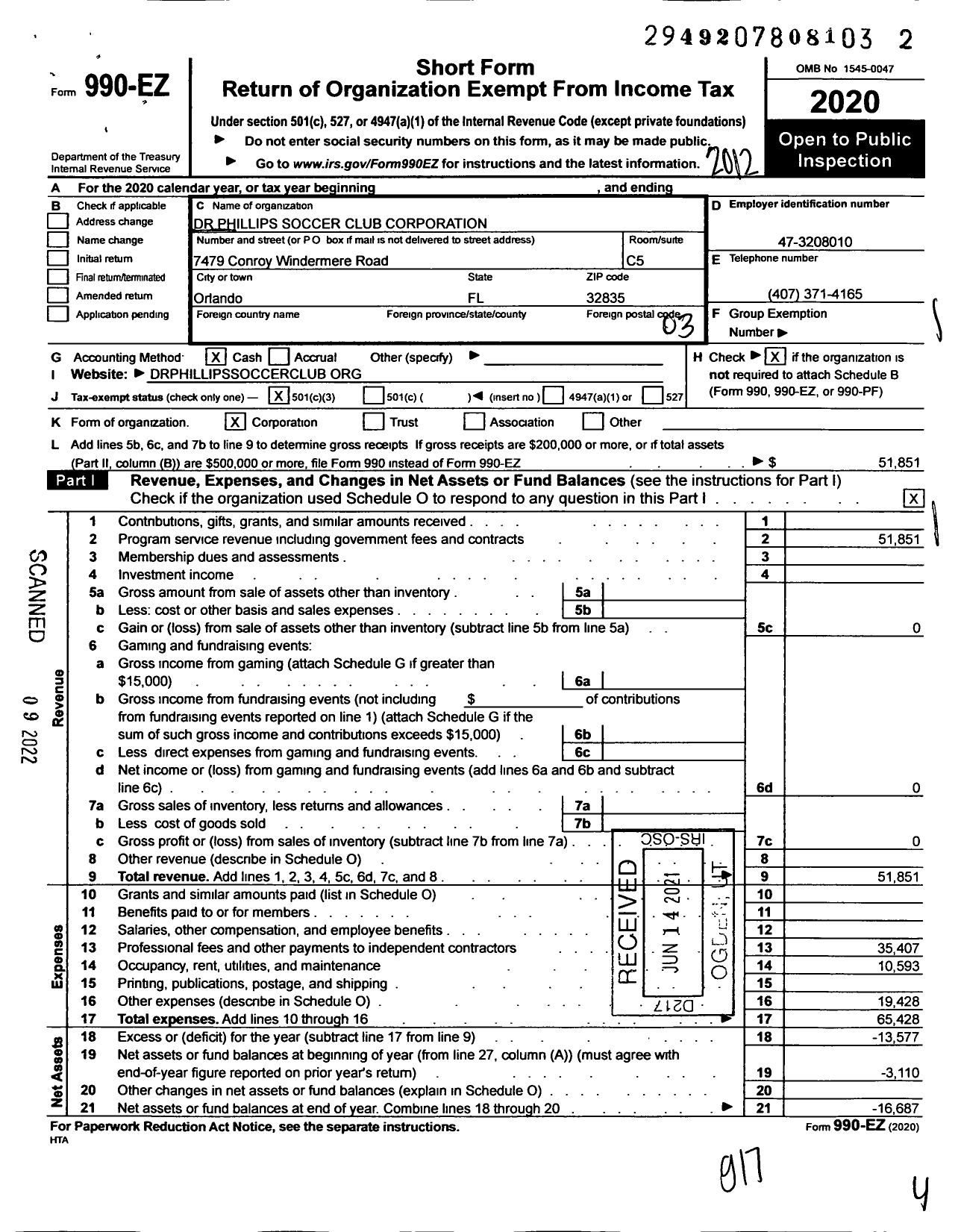 Image of first page of 2020 Form 990EZ for Dr Phillips Soccer Club Corporation