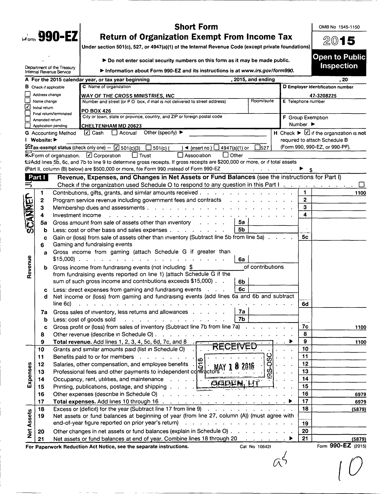 Image of first page of 2015 Form 990EZ for Way To the Cross Ministries