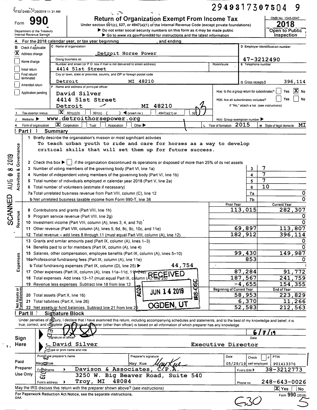 Image of first page of 2018 Form 990 for Detroit Horse Power