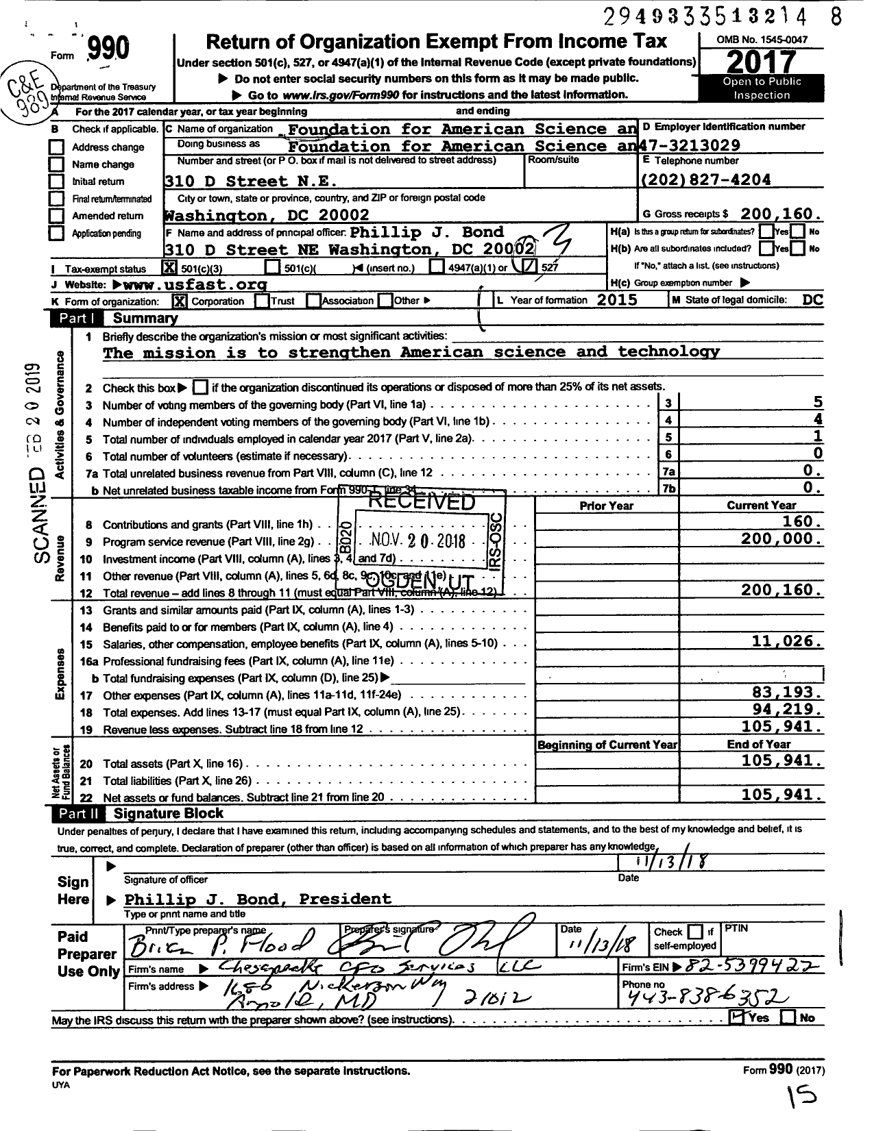 Image of first page of 2017 Form 990 for Foundation for American Science and Technology